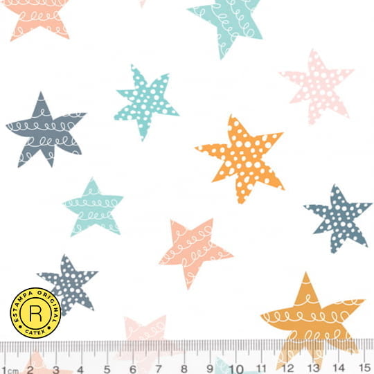 Tecido Tricoline Especial Coleção Reino das Princesas - Céu de Estrelas Coloridas - 100% Algodão - Largura 1,50m