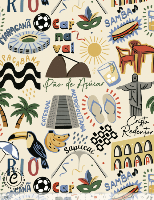 Tecido Tricoline Especial Coleção Rio - Postais do Rio - Areia - 100% Algodão - Largura 1,50m