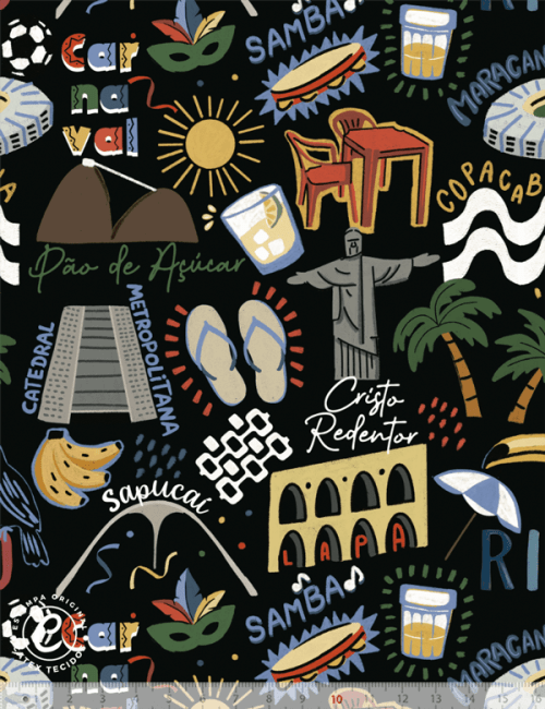 Tecido Tricoline Especial Coleção Rio - Postais do Rio - Noite - 100% Algodão - Largura 1,50m