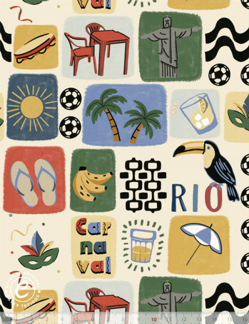 Tecido Tricoline Especial Coleção Rio - Rio em Molduras - Areia - 100% Algodão - Largura 1,50m