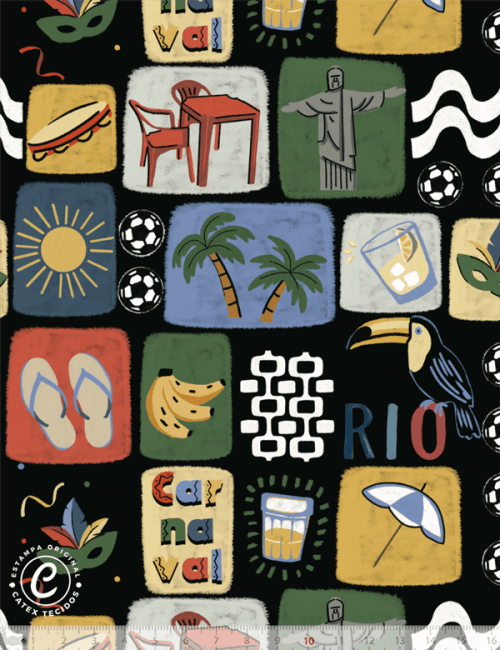 Tecido Tricoline Especial Coleção Rio - Rio em Molduras - Noite - 100% Algodão - Largura 1,50m