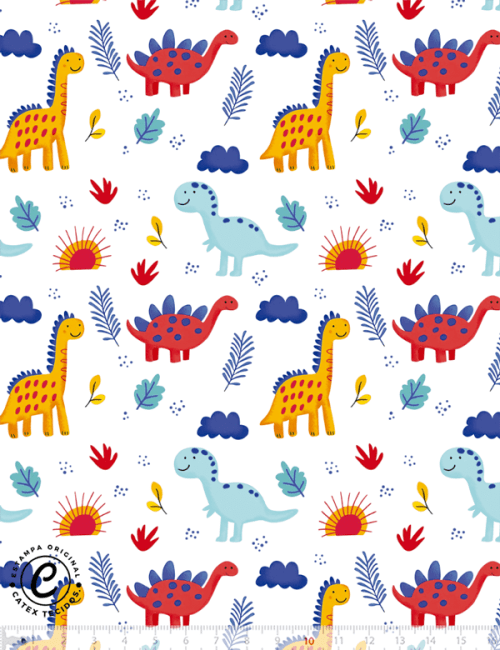 Tecido Tricoline Especial Color Dinos - Dinossauros - 100% Algodão - Largura 1,50m