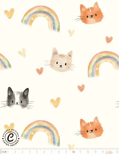 Tecido Tricoline Especial Gatinhos em Aquarela - 100% Algodão - Largura 1,50m