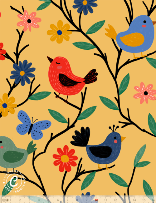 Tecido Tricoline Especial Linha Colorful Catex - Pássaros Coloridos - Algodão - Largura 1,50m
