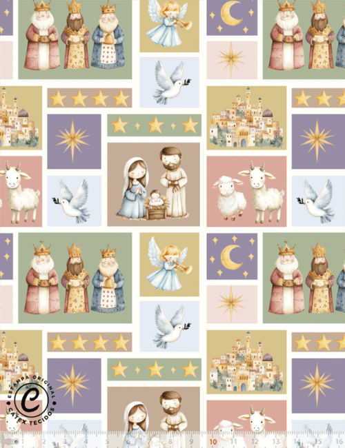Tecido Tricoline Especial Natal - Coleção Tradições Natalinas - O Nascimento Mosaico - 100% Algodão - Largura 1,50m