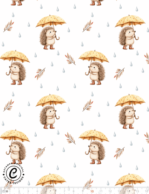 Tecido Tricoline Especial Infantil - Ouriço na Chuva - 100% Algodão - Largura 1,50m