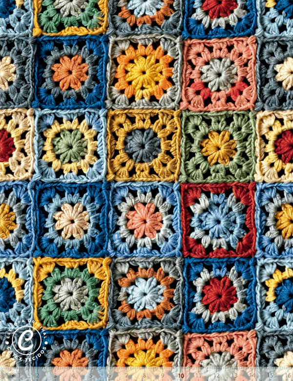 Tecido Tricoline Especial Quadrados Coloridos em Crochê 3D - 100% Algodão - Largura 1,50m