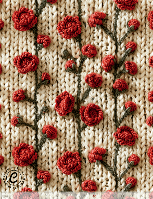 Tecido Tricoline Especial Ramos de Rosas Vermelhas em Crochê 3D - 100% Algodão - Largura 1,50m
