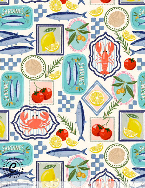 Tecido Tricoline Especial Sardines - Azulejo de Verão - 100% Algodão - Largura 1,50m Tecido Tricoline Especial Sardines - Azulejo de Verão - 100% Algodão - Largura 1,50m