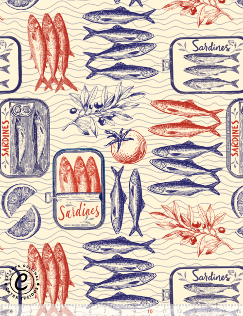 Tecido Tricoline Especial Sardines - Sardinha & Oliva - 100% Algodão - Largura 1,50m