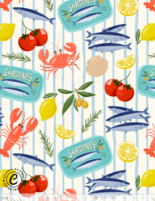 Tecido Tricoline Especial Sardines - Sardinha Pop - 100% Algodão - Largura 1,50m