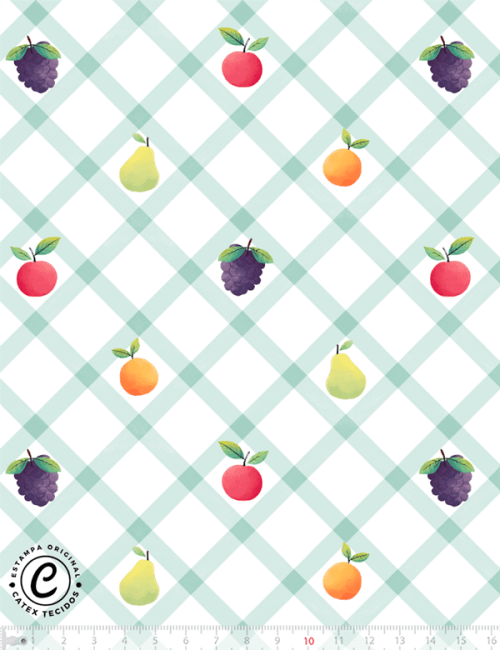 Tecido Tricoline Especial Xadrez Diagonal Frutas - 100% Algodão - Largura 1,50m Tecido Tricoline Especial Xadrez Diagonal Frutas - 100% Algodão - Largura 1,50m