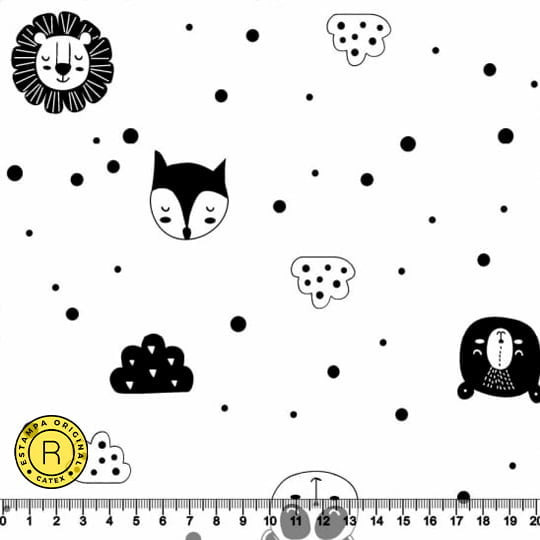 Tecido Tricoline Coleção Funny Black & White - Bichinhos e Nuvens - 100% Algodão - Largura 1,50m