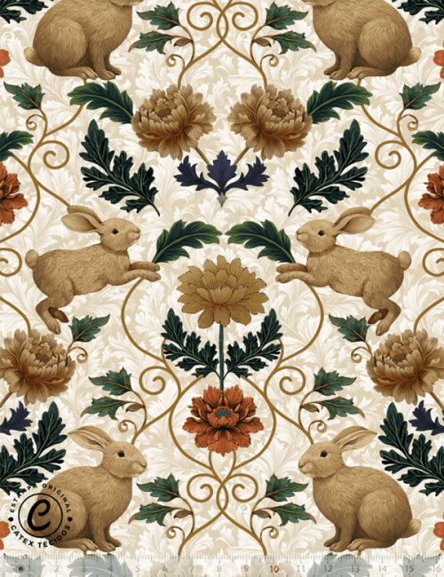 Tecido Tricoline Especial Coleção Páscoa Jardim Imperial – Arabescos Dourados & Coelhos - 100% Algodão - Largura 1,50m