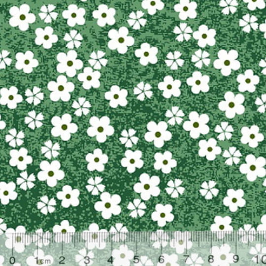 Tecido Tricoline Alg. Pequenas Florzinhas - Fundo Verde - 100% Algodão - Largura 1,45m