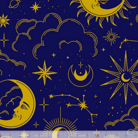 Tecido Tricoline Astrologia - Amarelo - Fundo Azul  - 100% Algodão - Largura: 1,50m