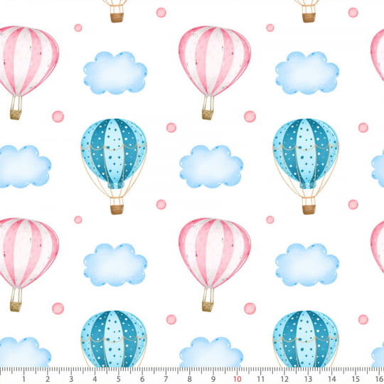 Tecido Tricoline Balões e Nuvens - 100% Algodão - Largura: 1,50m