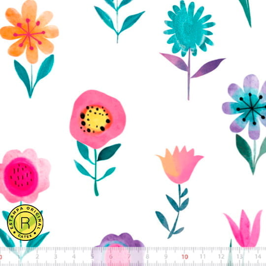 Tecido Tricoline Coleção Mundo de Alegria Composê - Flores - 100% Algodão - Largura 1,50m