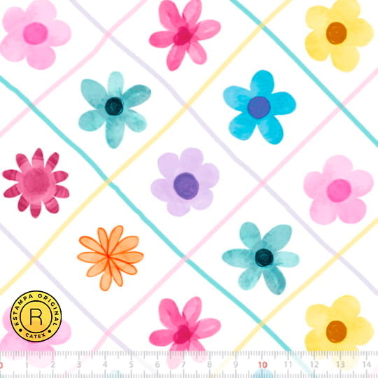 Tecido Tricoline Coleção Mundo de Alegria Composê - Grid Flores - Diagonal - 100% Algodão - Largura 1,50m