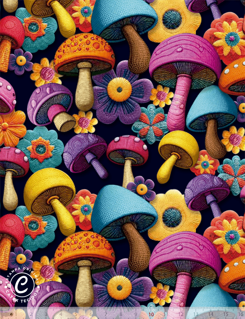 Tecido Tricoline Especial Coleção 3D - Cogumelos Coloridos - 100% Algodão - Largura 1,50m