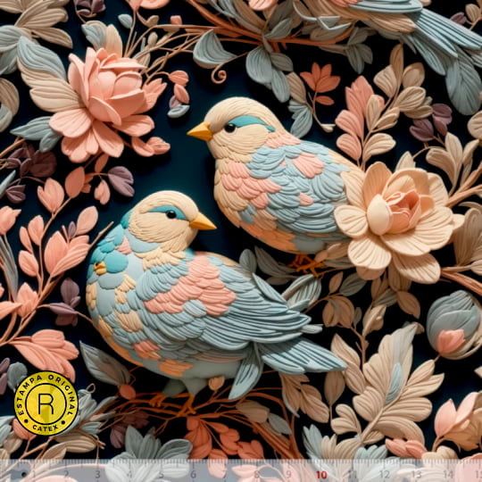 Tecido Tricoline Especial Coleção 3D - Floral 08 - Passarinhos - 100% Algodão - Largura 1,50m