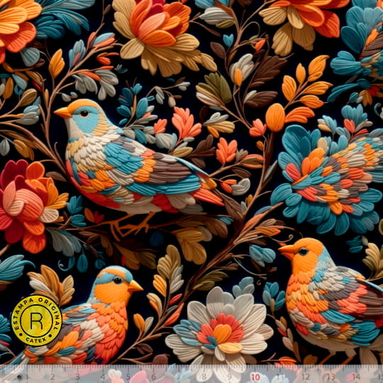 Tecido Tricoline Especial Coleção 3D - Floral 10 - Passarinhos Coloridos - 100% Algodão - Largura 1,50m