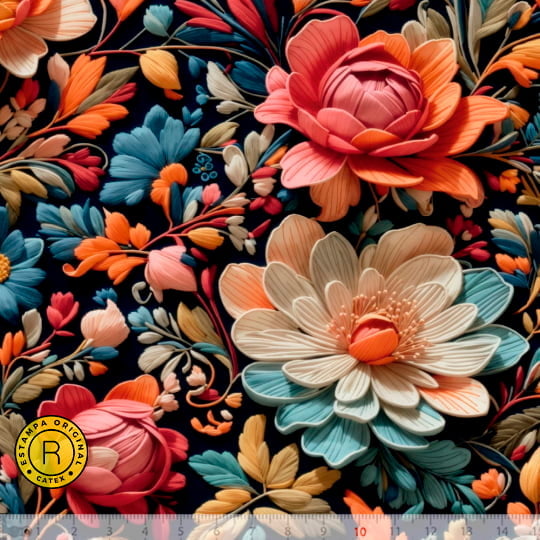 Tecido Tricoline Especial Coleção 3D - Floral 12 - 100% Algodão - Largura 1,50m