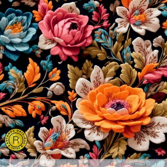 Tecido Tricoline Especial Coleção 3D - Floral 13 - 100% Algodão - Largura 1,50m