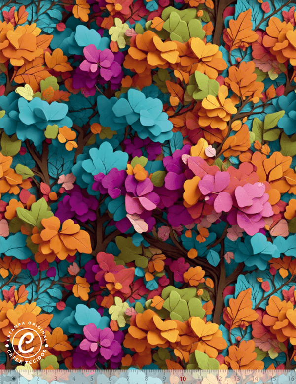 Tecido Tricoline Especial Coleção 3D - Floral 22 - Folhagem - 100% Algodão - Largura 1,50m