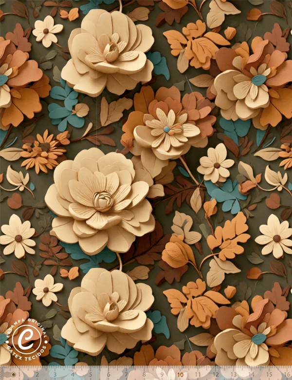 Tecido Tricoline Especial Coleção 3D - Floral 23 - 100% Algodão - Largura 1,50m