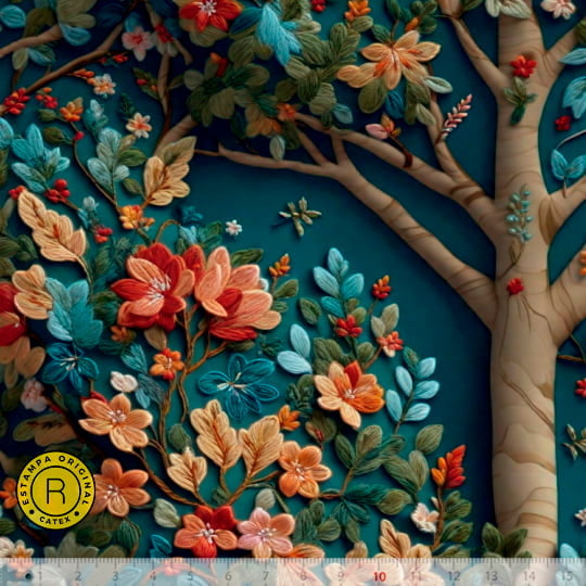 Tecido Tricoline Especial Coleção 3D - Floral 24 - Árvore com Flores - 100% Algodão - Largura 1,50m