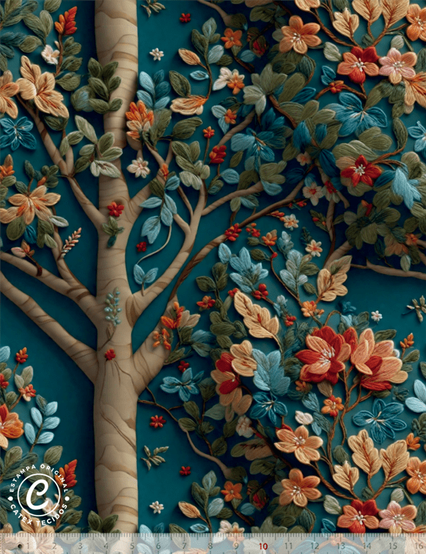 Tecido Tricoline Especial Coleção 3D - Floral 24 - Árvore com Flores - 100% Algodão - Largura 1,50m