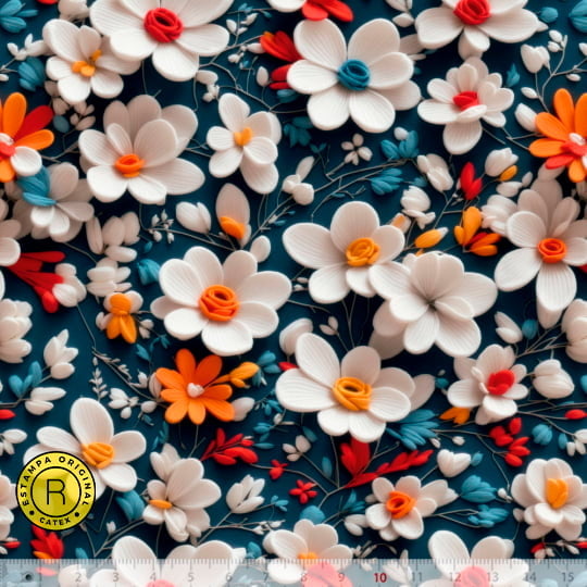 Tecido Tricoline Especial Coleção 3D - Floral 28 - 100% Algodão - Largura 1,50m