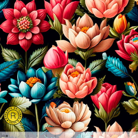 Tecido Tricoline Especial Coleção 3D - Floral Dark - 100% Algodão - Largura 1,50m