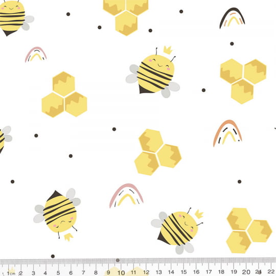 Tecido Tricoline Especial Coleção Bee Happy - Abelhas na Colmeia - 100% Algodão - Largura 1,50m