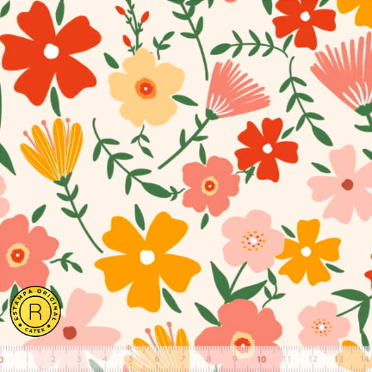 Tecido Tricoline Especial Coleção Flores da Fazenda - Flores Coloridas - 100% Algodão - Largura 1,50m
