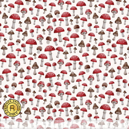 Tecido Tricoline Especial Coleção Mimomelo por Vanessa Guimarães - Cogumelos - Branco - 100% Algodão - Largura 1,50m