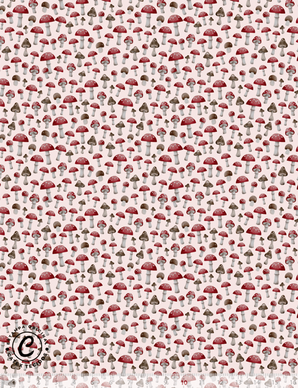 Tecido Tricoline Especial Coleção Mimomelo por Vanessa Guimarães - Cogumelos - Rosa - 100% Algodão - Largura 1,50m