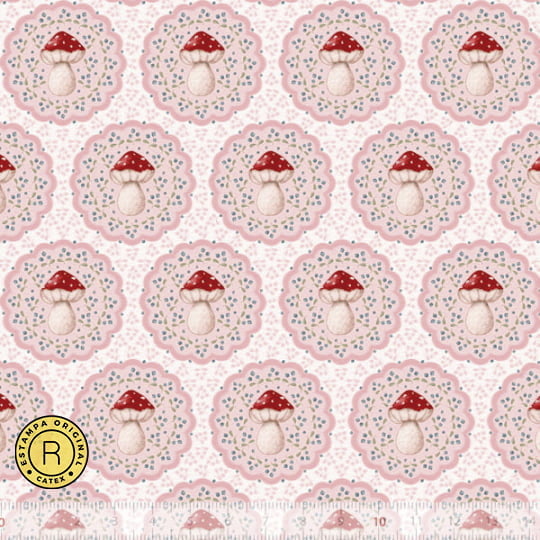 Tecido Tricoline Especial Coleção Mimomelo por Vanessa Guimarães - Renda Cogumelo - Rosa - 100% Algodão - Largura 1,50m 