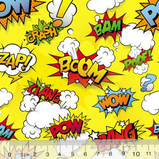 Tecido Tricoline Especial Quadrinhos Bang Pow! - Fundo Amarelo - 100% Algodão - Largura 1,50m