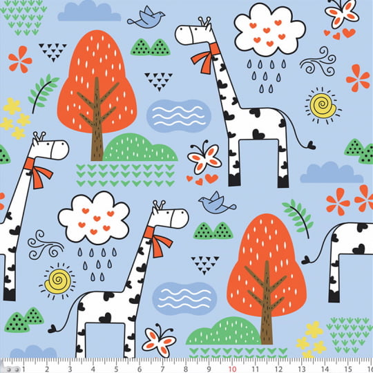 Tecido Tricoline Girafas no Jardim - Azul - 100% Algodão - Largura: 1,50m
