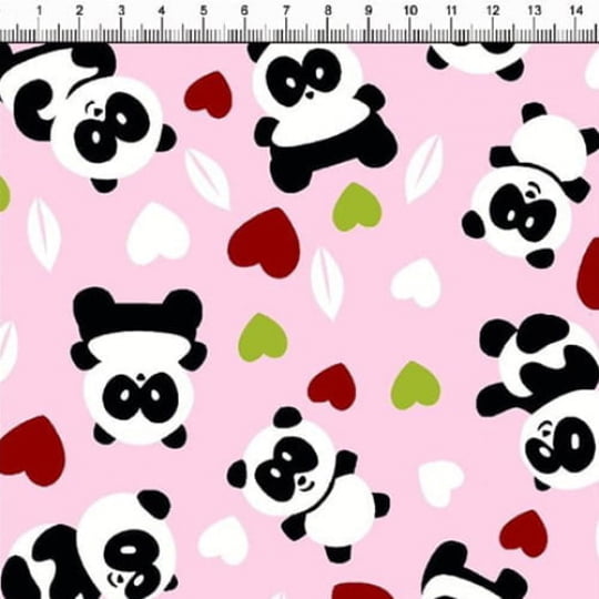 Tecido Tricoline Panda Divertido - Rosa Claro - 100% Algodão - Largura 1,50m