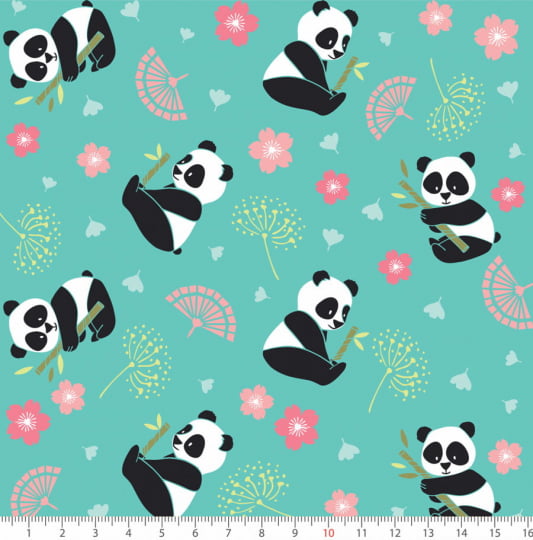 Tecido Tricoline Pequeno Panda - Turquesa - 100% Algodão - Largura: 1,50m