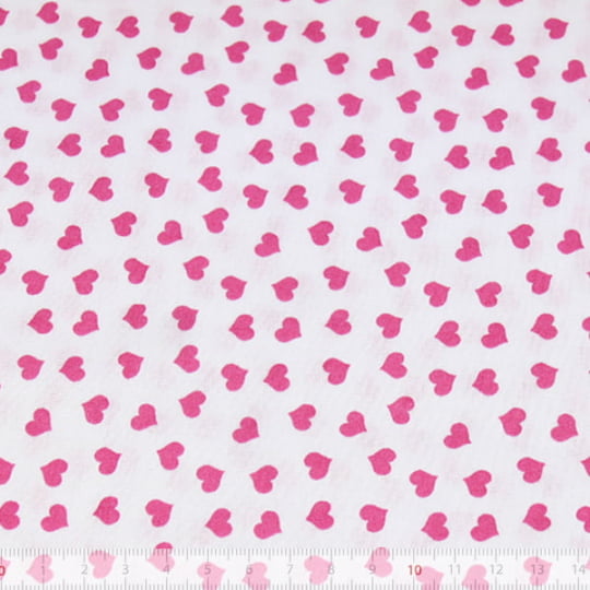 Tecido Tricoline Triton Corações - Rosa - Fundo Branco - 100% Algodão - Largura: 1,50m