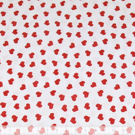 Tecido Tricoline Triton Corações - Vermelho - Fundo Branco - 100% Algodão - Largura: 1,50m