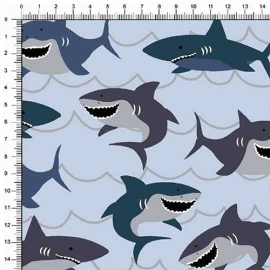 Tecido Tricoline Turma dos Tubarões - Azul Claro - 100% Algodão - Largura 1,50m