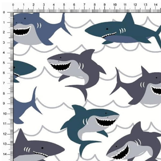 Tecido Tricoline Turma dos Tubarões - Branco - 100% Algodão - Largura 1,50m