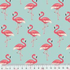 Tricoline Flamingos Elegância - Azul Claro - 100% Algodão - Largura 1,50m
