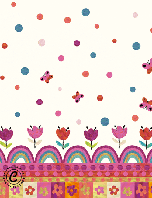 Tecido Viscose Especial Barra de Vestido Infantil - Butterfly Garden - 100% Viscose - Largura 1,50m