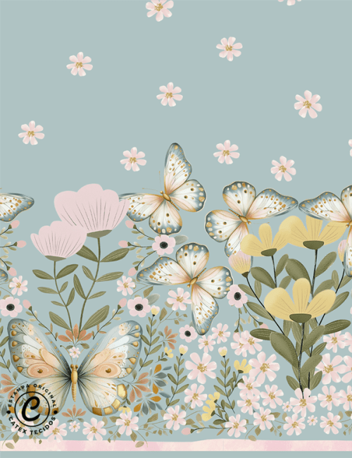 Tecido Viscose Especial Coleção Jardim Encantado por Amélia Costura - Barra de Vestido - Borboletas no Jardim - 100% Viscose - Largura 1,50m